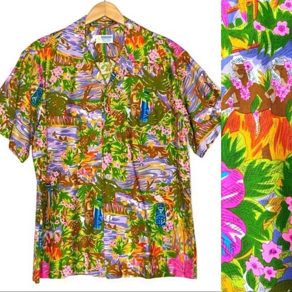 Vintage Other - 1960s Vintage Andrade Rare Hawaiian Hand Drawn Tailored Button Up Shirt L/XL